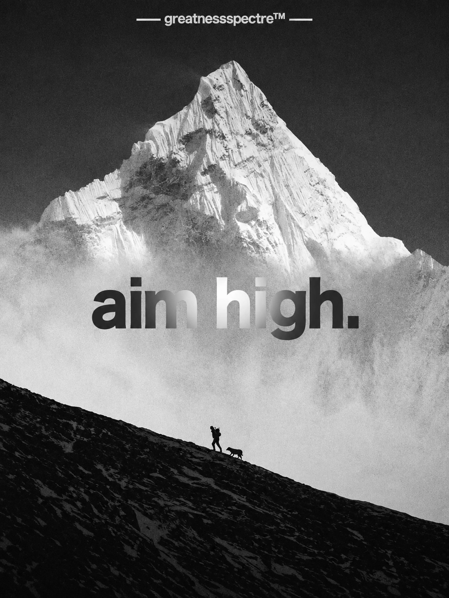 A climber and a dog below a snowy mountain. Aim high.